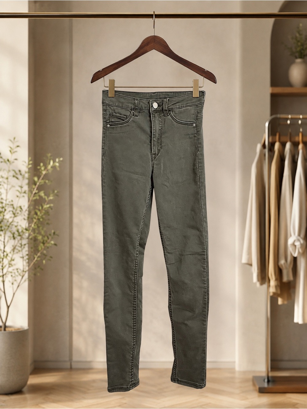&Denim High Waist Skinny Jeans Size 25 Olive Green Stretch Denim